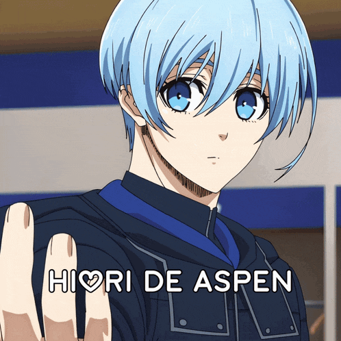 a blue haired anime character with the name hiori de aspen on it