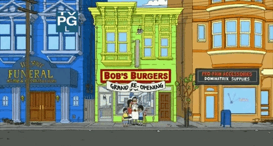 bob 's burgers has a grand re opening sign