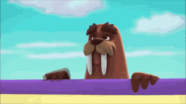 a walrus with a mustache and tusks is peeking over a purple wall