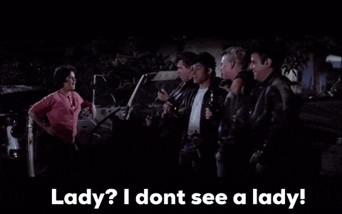 a group of men and a woman are standing in front of a car with the words lady i dont see a lady