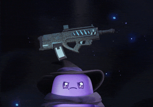 a purple object with a sad face is wearing a witch hat