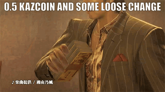 a man is being served by a waiter with the words 0.5 kazcoin and some loose change above him