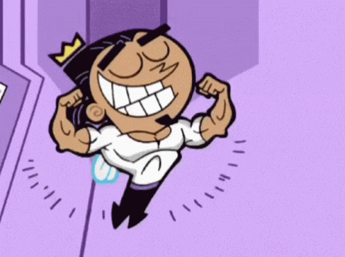 a cartoon character with a crown on his head is flexing his muscles on a purple background .