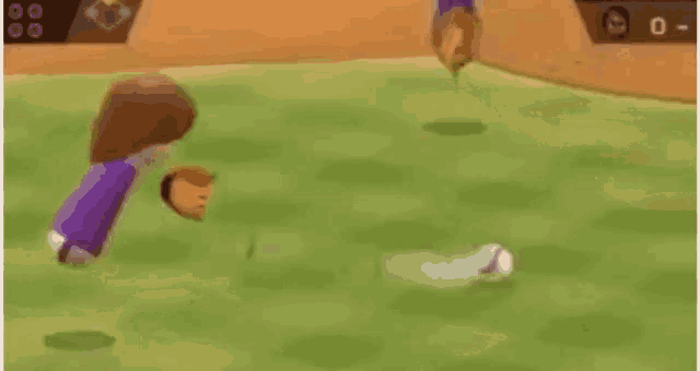 a couple of people are playing a video game while standing on a baseball field .