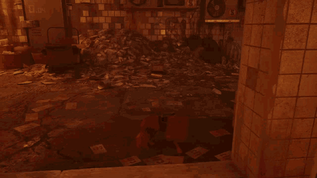 a room with a pile of trash and a sign on the wall that says ' no smoking '