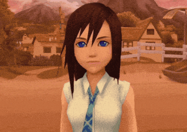 a girl in a white shirt and blue tie stands in front of a mountain