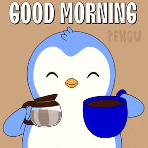 a penguin holding a cup of coffee and a coffee pot
