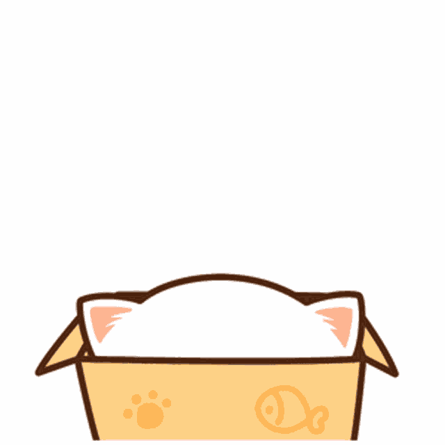 a cartoon cat is sitting in a cardboard box and saying hello