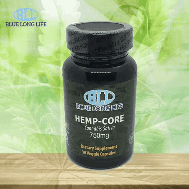 a bottle of blue long life hemp-core cannabis sativa 750mg dietary supplement veggie capsules