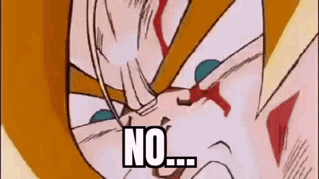 a close up of a cartoon character with the words `` no '' written on it .