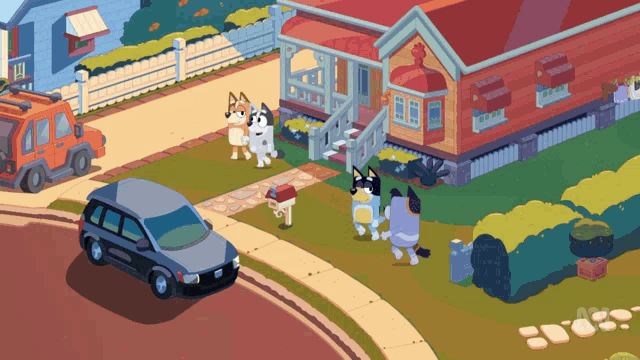 a cartoon drawing of a house with a mailbox and a car