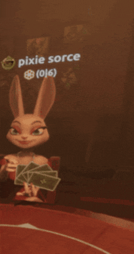a cartoon rabbit is sitting at a table with cards and the name pixie sorce written above her