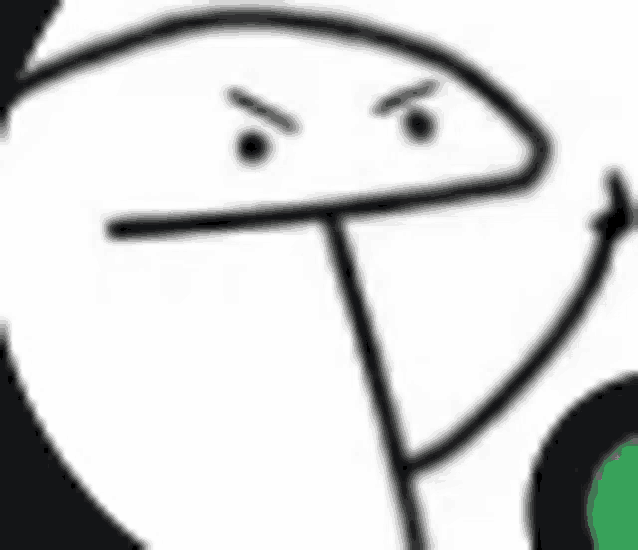a stick figure with an angry face is standing next to a green object on a white background .