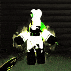 a cartoon character is holding a sword in a dark room with a green light behind him