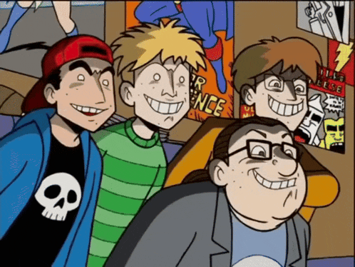 a group of cartoon characters are posing for a picture in front of a poster that says " once "