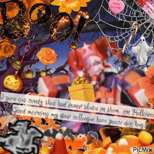 a collage of halloween decorations with the words " i gone out candy that had razor blades in them "