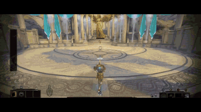 a video game shows a statue of a woman in a circle