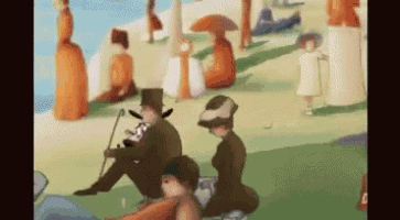 a man in a top hat is sitting on the grass in a painting .