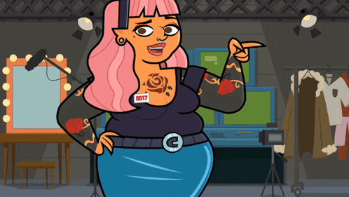 a cartoon of a woman with a name tag that says 00-17