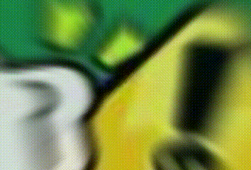 a close up of a cartoon character 's face with a green background and a yellow background .
