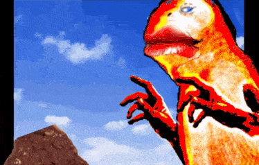 a colorful painting of a dinosaur with a blue sky in the background