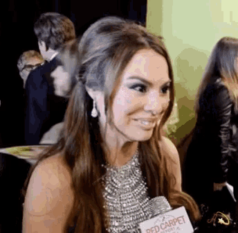 a woman in a silver dress is talking into a microphone at the red carpet event .