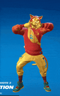 a person in a red and gold outfit with a blue background that says emote 2 tion