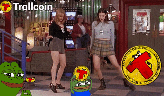a cartoon of two women dancing with the word trollcoin in the corner