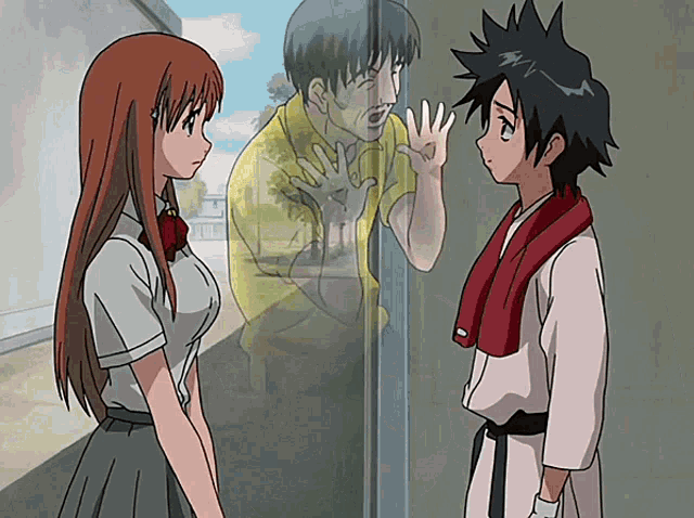 two anime characters are standing next to each other