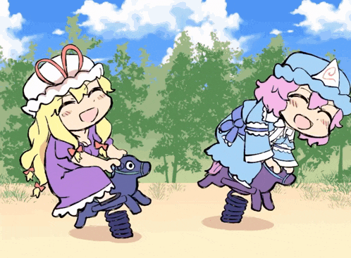 a cartoon of two girls on a seesaw with one wearing a purple dress
