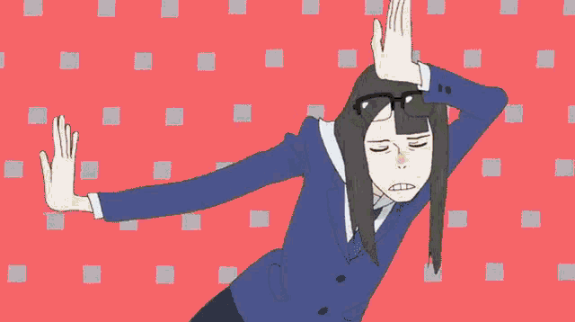 a woman with blue hair is wearing a suit and tie and covering her mouth with her hand