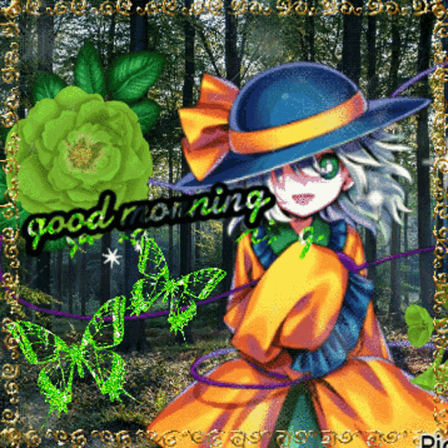 a picture of a girl wearing a hat with the words good morning written on it