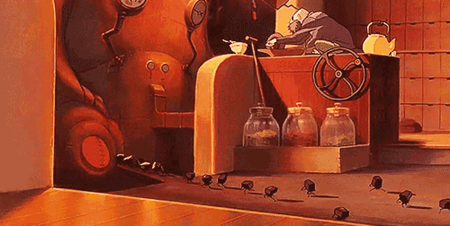 a cartoon drawing of a man sitting at a table with jars on it