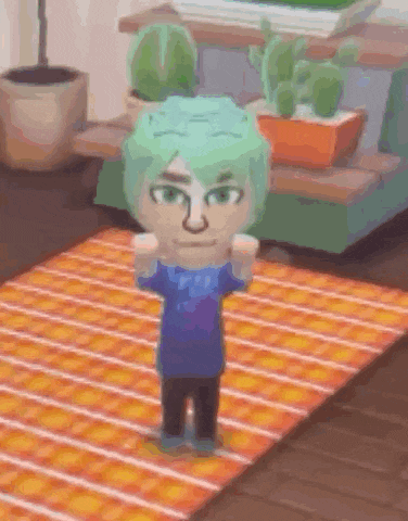 a cartoon character with green hair is standing on a rug in a living room .
