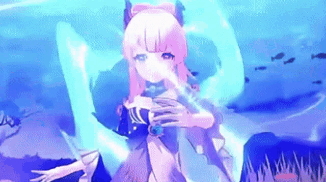 a girl with pink hair and horns is holding a sword in her hand .