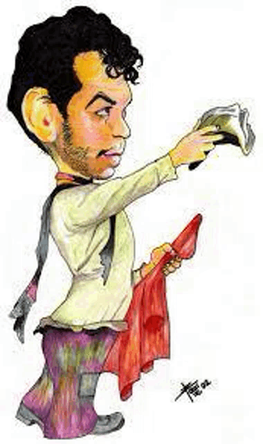 it is a cartoon of a man holding a horn and a red cloth .