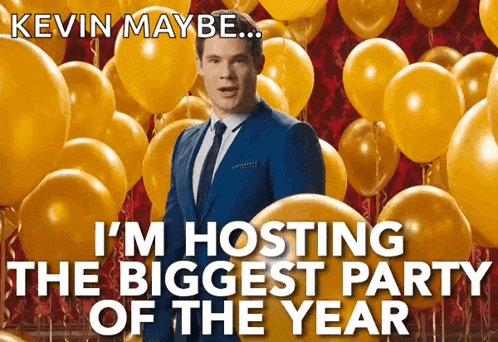 a man in a suit and tie is surrounded by gold balloons and says kevin maybe