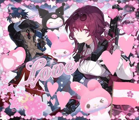 a girl with purple hair is surrounded by pink hearts with the word love written in the middle