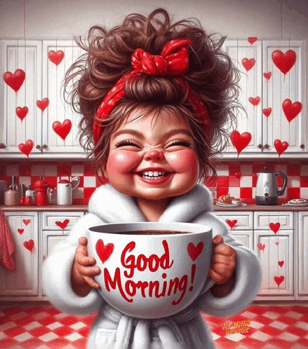 a girl in a bathrobe holding a cup of coffee that says good morning