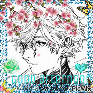 a black and white drawing of a boy with flowers and butterflies around him