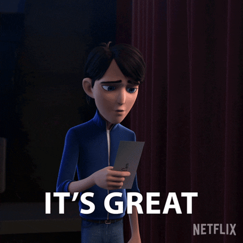 a cartoon character holding a piece of paper that says it 's great on it