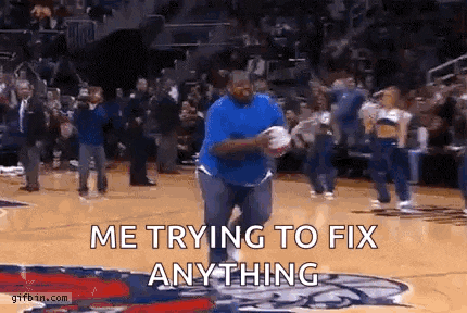 a man is running on a basketball court with the words `` me trying to fix anything '' written on the bottom .