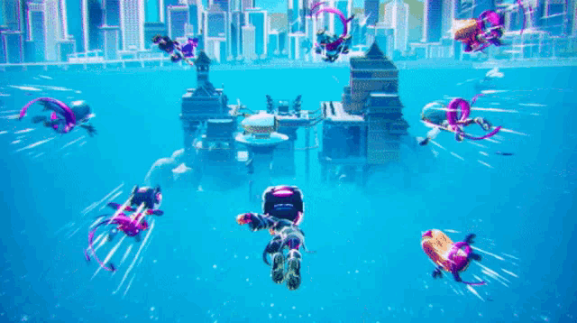 a group of people are flying through the air in a video game with a city in the background