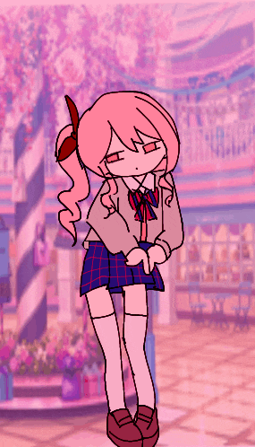 a drawing of a girl with pink hair wearing a school uniform