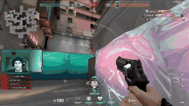 a person holding a gun in a video game with the number 5 on the screen