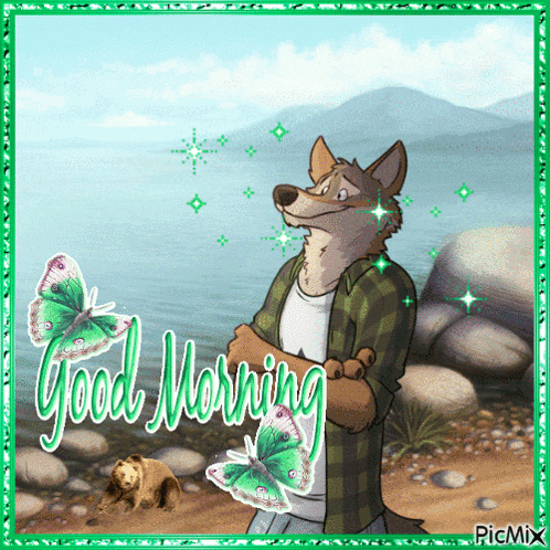 a picture of a wolf and a bear with the words good morning
