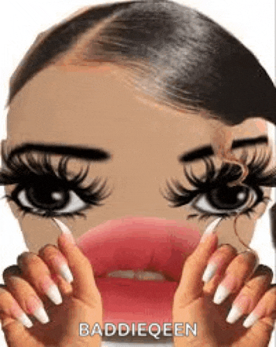 a close up of a woman 's face with long eyelashes and a bubble in her mouth .