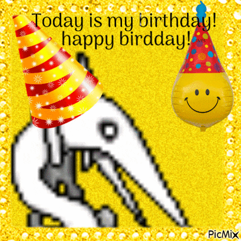 a birthday card with an elephant wearing a party hat and a yellow balloon