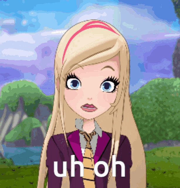 a cartoon girl with long blonde hair and the words uh oh on her face