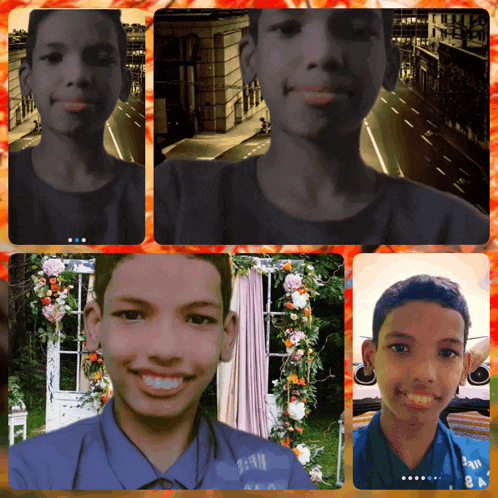 a collage of four pictures of a young boy with one of the pictures having a floral arch in the background